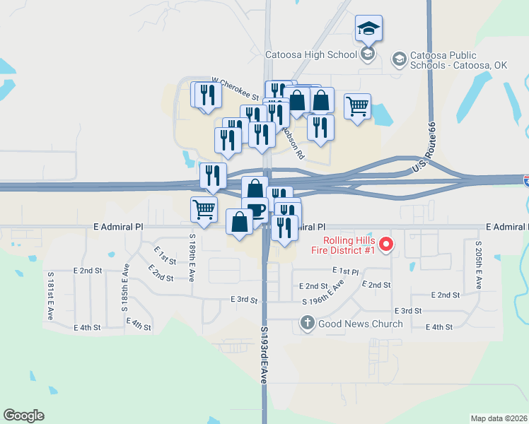 map of restaurants, bars, coffee shops, grocery stores, and more near East Highway 66 in Catoosa