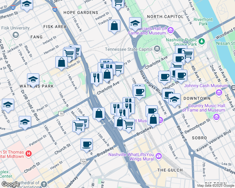 map of restaurants, bars, coffee shops, grocery stores, and more near 300 11th Avenue North in Nashville