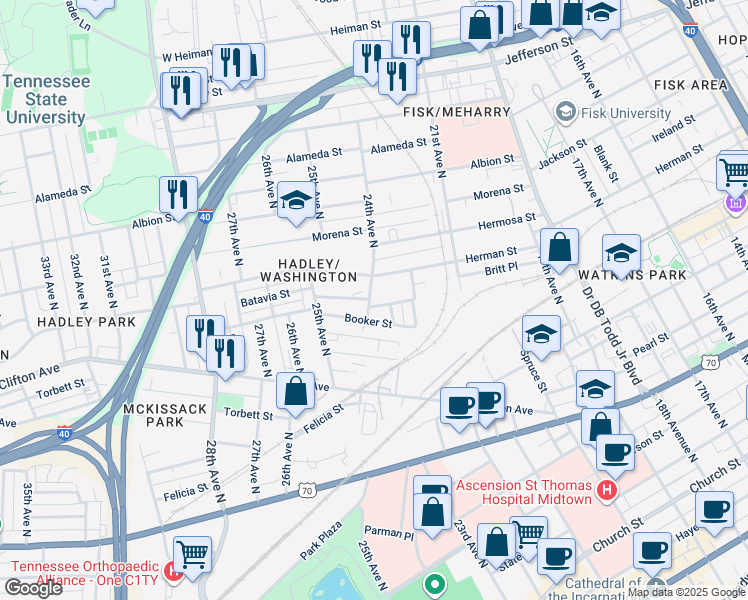 map of restaurants, bars, coffee shops, grocery stores, and more near 2332 Batavia Street in Nashville