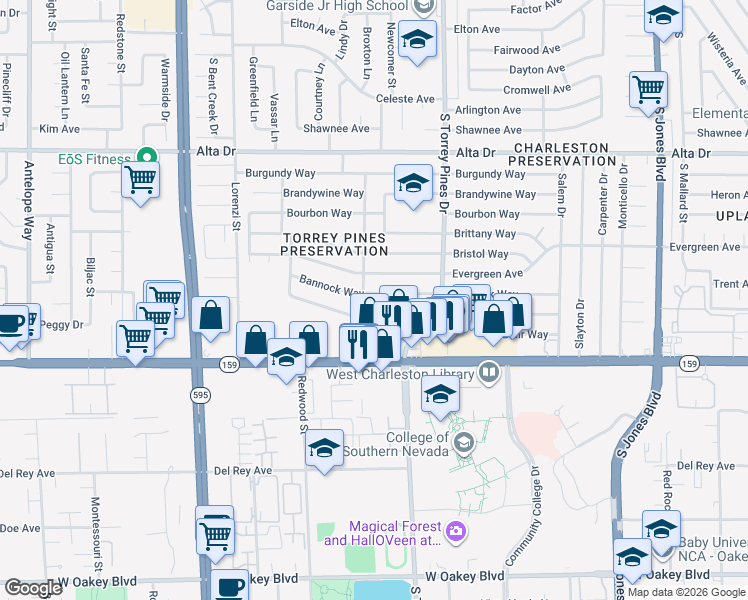 map of restaurants, bars, coffee shops, grocery stores, and more near 6453 Bannock Way in Las Vegas