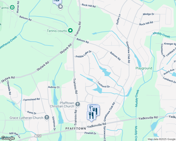 map of restaurants, bars, coffee shops, grocery stores, and more near 3514 Campton Ridge Road in Pfafftown
