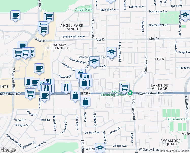 map of restaurants, bars, coffee shops, grocery stores, and more near 850 South Durango Drive in Las Vegas
