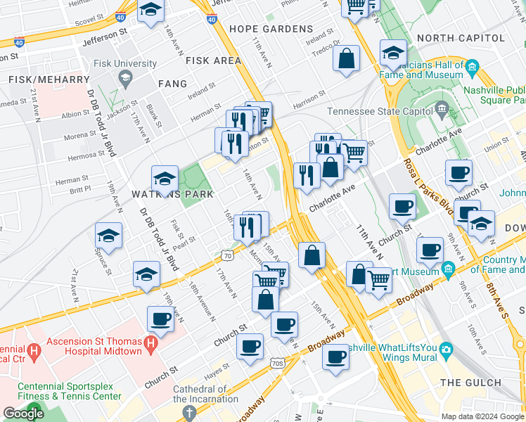 map of restaurants, bars, coffee shops, grocery stores, and more near 1002 Capitol Point in Nashville