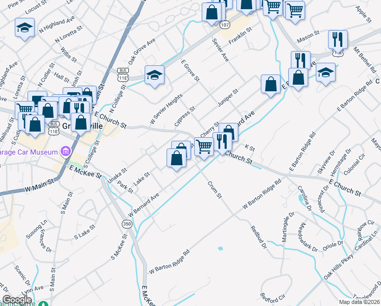 map of restaurants, bars, coffee shops, grocery stores, and more near 109 Bayberry Street in Greeneville
