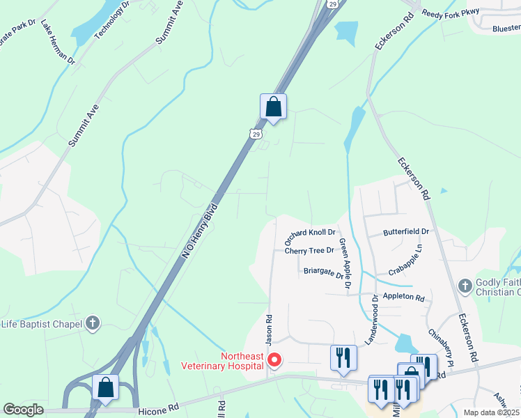 map of restaurants, bars, coffee shops, grocery stores, and more near 5567 Jason Road in Greensboro