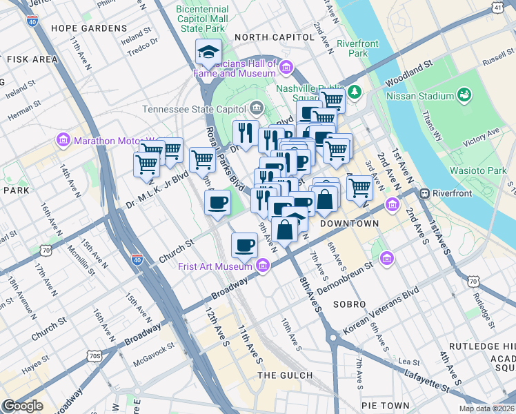 map of restaurants, bars, coffee shops, grocery stores, and more near 714 Church Street in Nashville