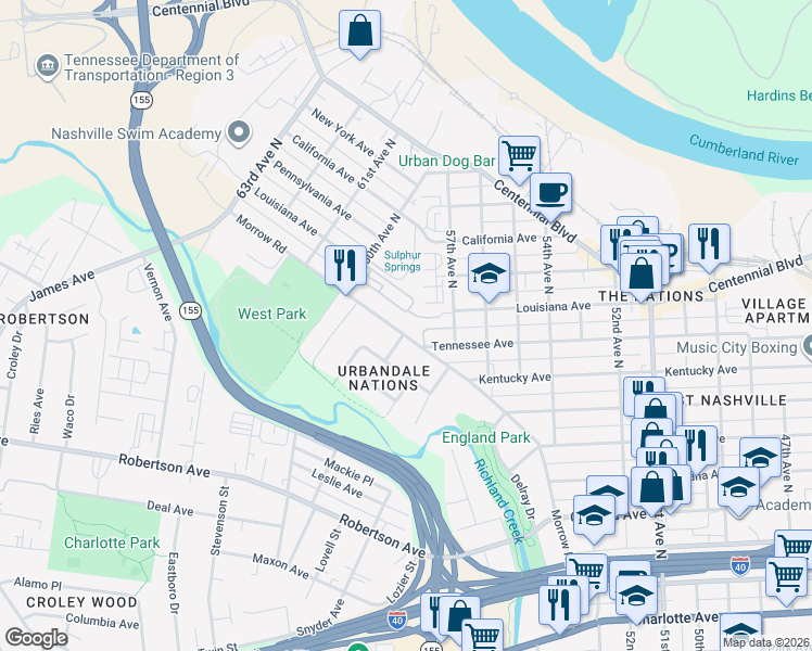map of restaurants, bars, coffee shops, grocery stores, and more near 58 60th Avenue North in Nashville