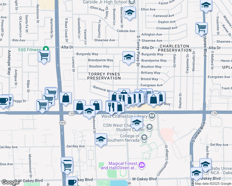 map of restaurants, bars, coffee shops, grocery stores, and more near 6449 Evergreen Avenue in Las Vegas