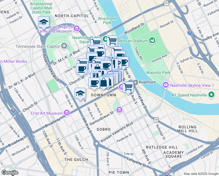 map of restaurants, bars, coffee shops, grocery stores, and more near 107 4th Avenue North in Nashville
