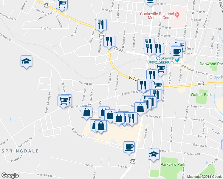 map of restaurants, bars, coffee shops, grocery stores, and more near 218 Carr Avenue in Cookeville