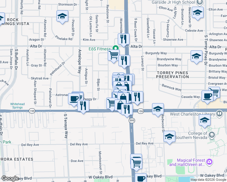 map of restaurants, bars, coffee shops, grocery stores, and more near 901 Rockaway Street in Las Vegas