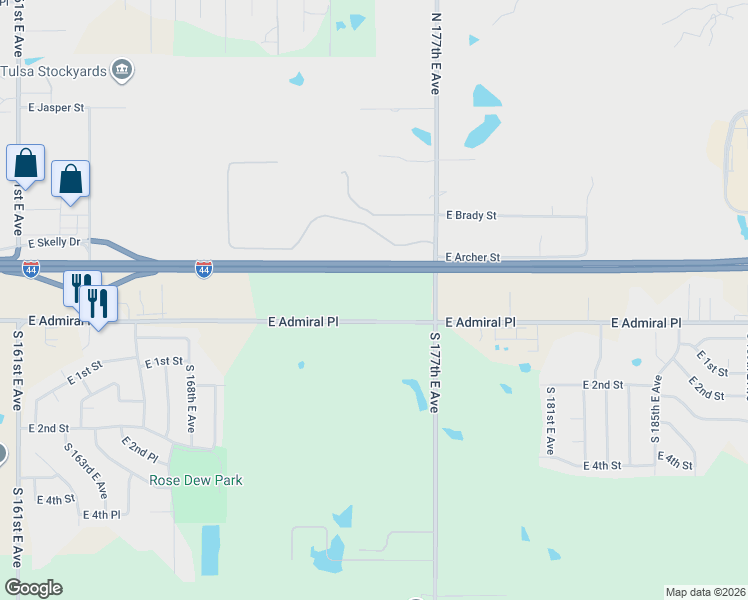 map of restaurants, bars, coffee shops, grocery stores, and more near 17345 East Admiral Place in Tulsa