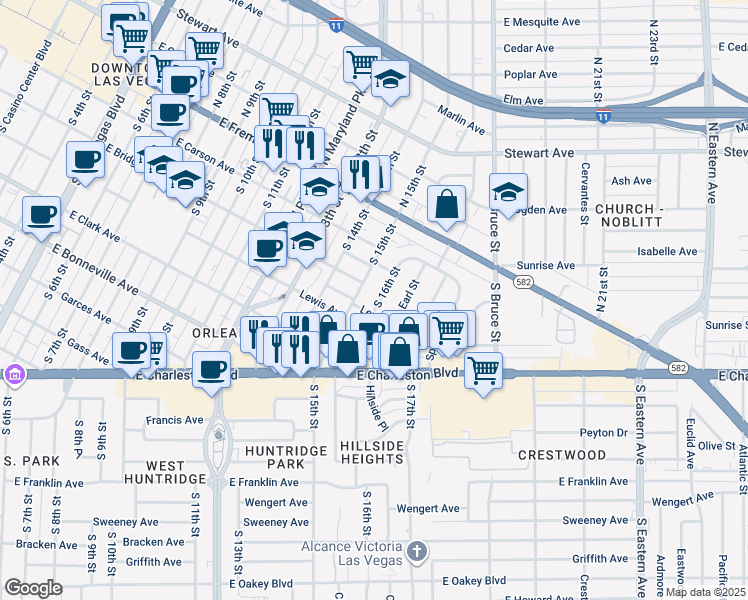 map of restaurants, bars, coffee shops, grocery stores, and more near 228 South 16th Street in Las Vegas