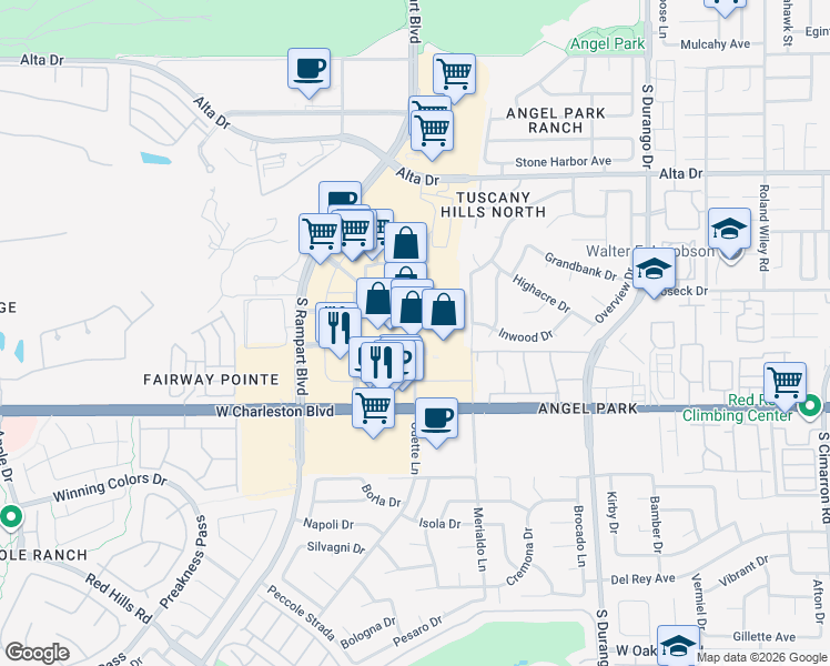 map of restaurants, bars, coffee shops, grocery stores, and more near 8750 West Charleston Boulevard in Las Vegas