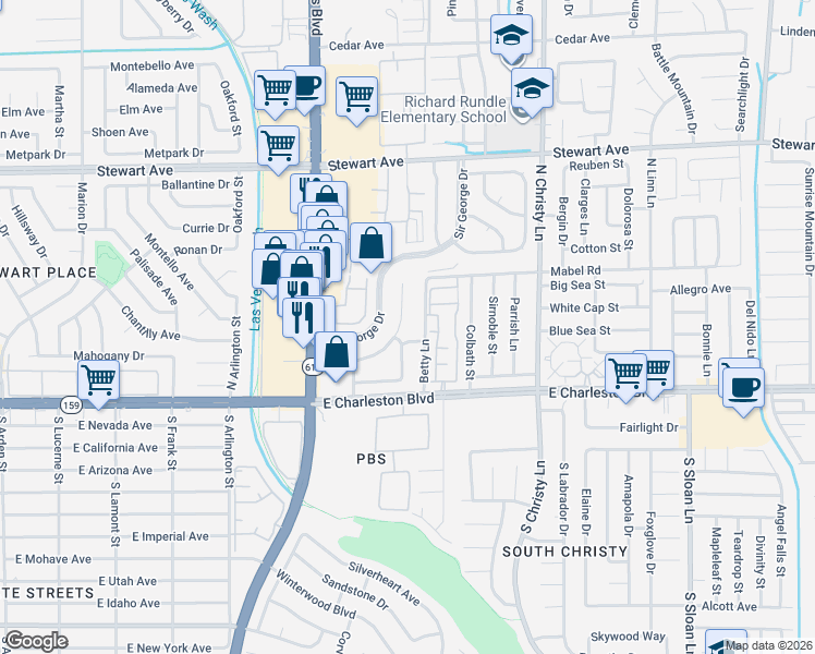 map of restaurants, bars, coffee shops, grocery stores, and more near 143 Sir Thomas Drive in Las Vegas