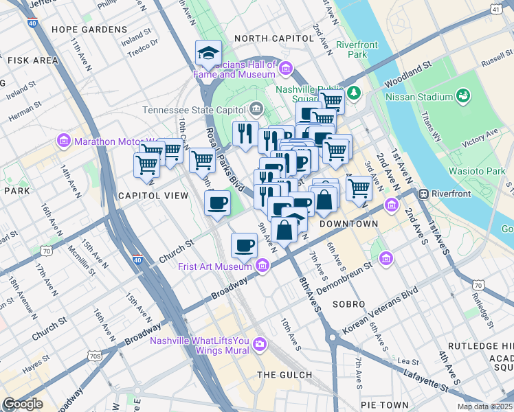 map of restaurants, bars, coffee shops, grocery stores, and more near 714 Church Street in Nashville