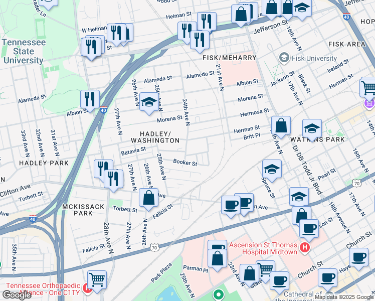 map of restaurants, bars, coffee shops, grocery stores, and more near 2409 Herman Street in Nashville