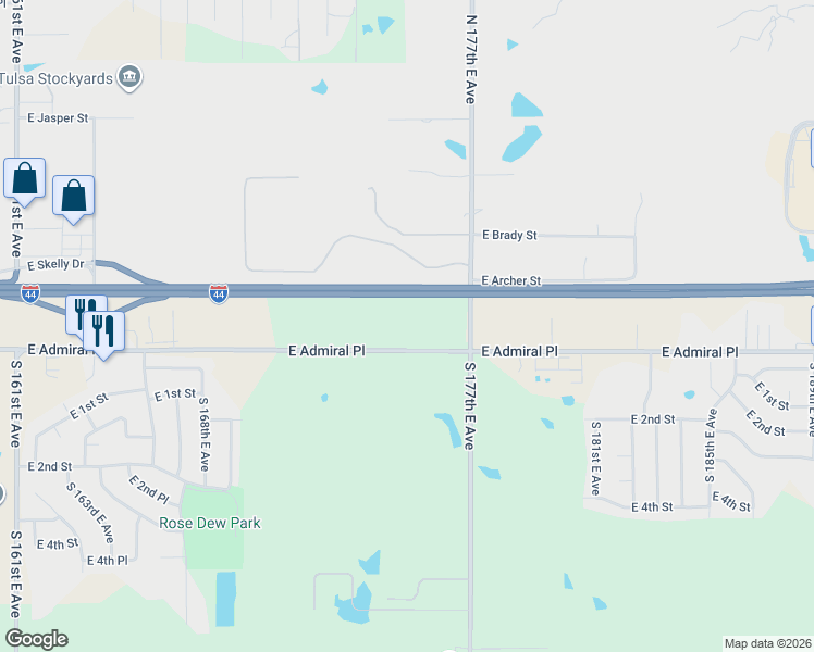 map of restaurants, bars, coffee shops, grocery stores, and more near 17345 East Admiral Place in Tulsa