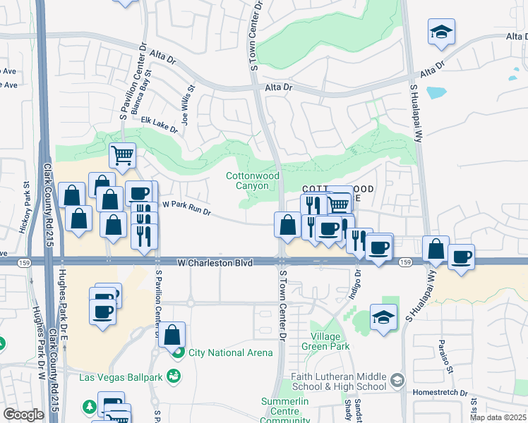 map of restaurants, bars, coffee shops, grocery stores, and more near 10550 West Park Run Drive in Las Vegas