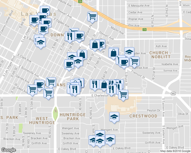 map of restaurants, bars, coffee shops, grocery stores, and more near 228 South 16th Street in Las Vegas