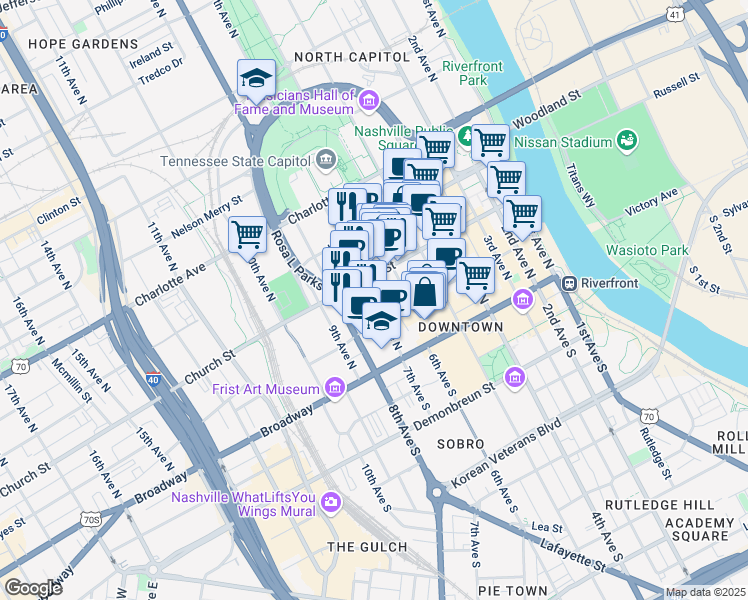 map of restaurants, bars, coffee shops, grocery stores, and more near 7th Avenue North in Nashville