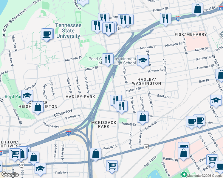 map of restaurants, bars, coffee shops, grocery stores, and more near 2805 Clare Avenue in Nashville