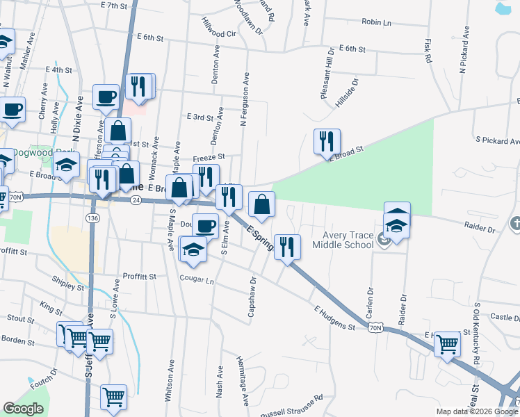map of restaurants, bars, coffee shops, grocery stores, and more near 114 Allison Way in Algood