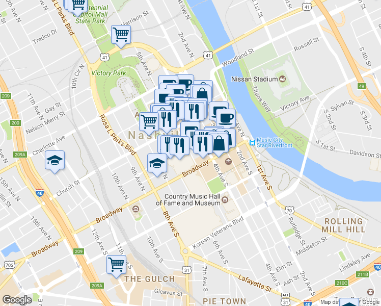 map of restaurants, bars, coffee shops, grocery stores, and more near 154 5th Ave N in Nashville
