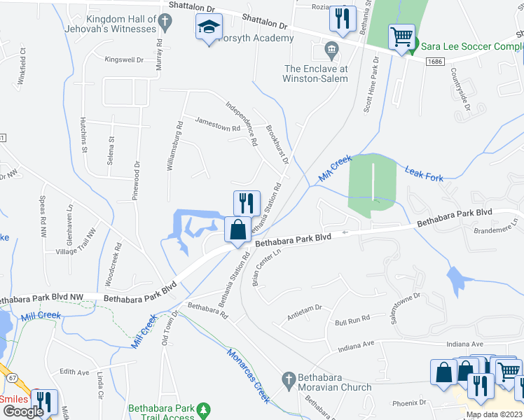map of restaurants, bars, coffee shops, grocery stores, and more near 3900 Bethania Station Road in Winston-Salem