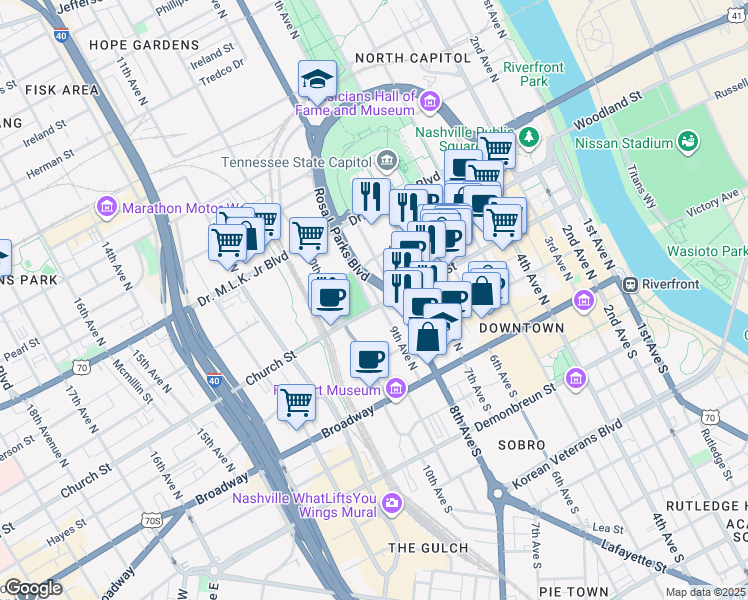 map of restaurants, bars, coffee shops, grocery stores, and more near 227 YMCA Way in Nashville
