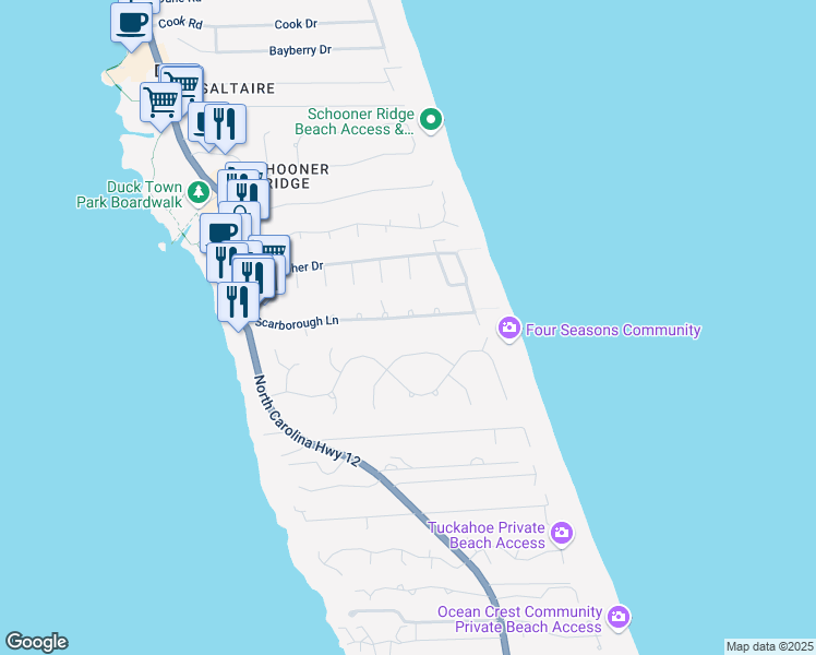 map of restaurants, bars, coffee shops, grocery stores, and more near 156 Scarborough Lane in Kitty Hawk