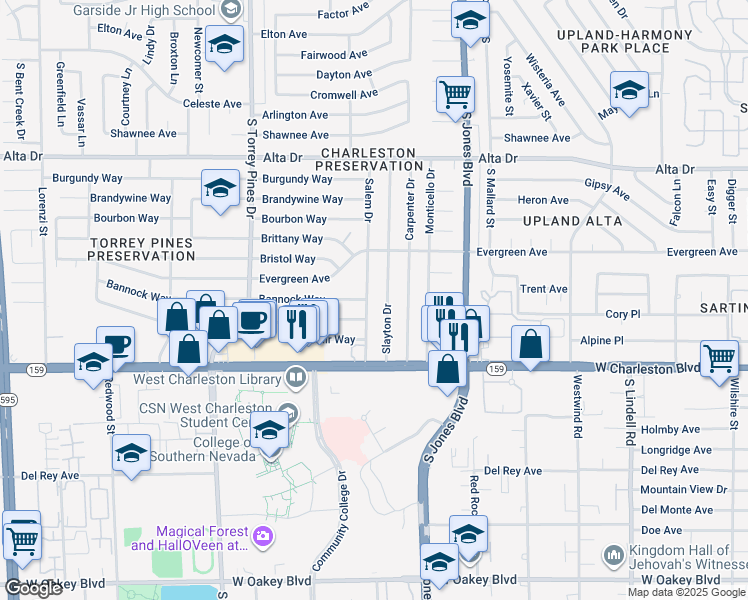 map of restaurants, bars, coffee shops, grocery stores, and more near 837 Salem Drive in Las Vegas