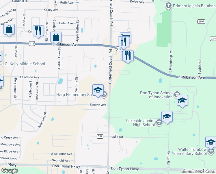map of restaurants, bars, coffee shops, grocery stores, and more near 2440 Butterfield Coach Road in Springdale