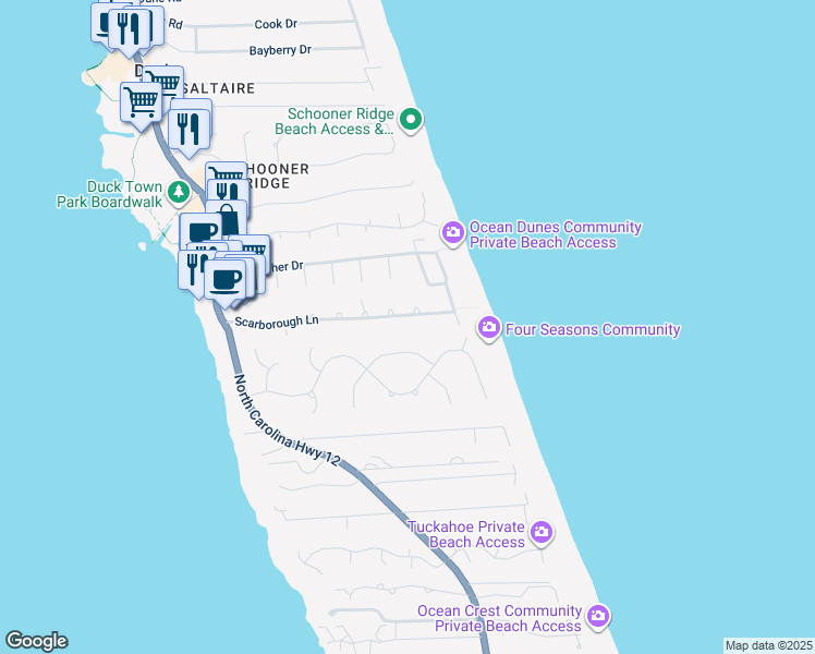 map of restaurants, bars, coffee shops, grocery stores, and more near 145 Scarborough Lane in Kitty Hawk