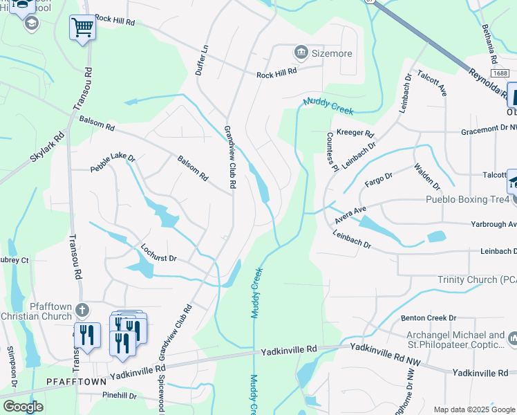 map of restaurants, bars, coffee shops, grocery stores, and more near 4270 Lochurst Drive in Pfafftown