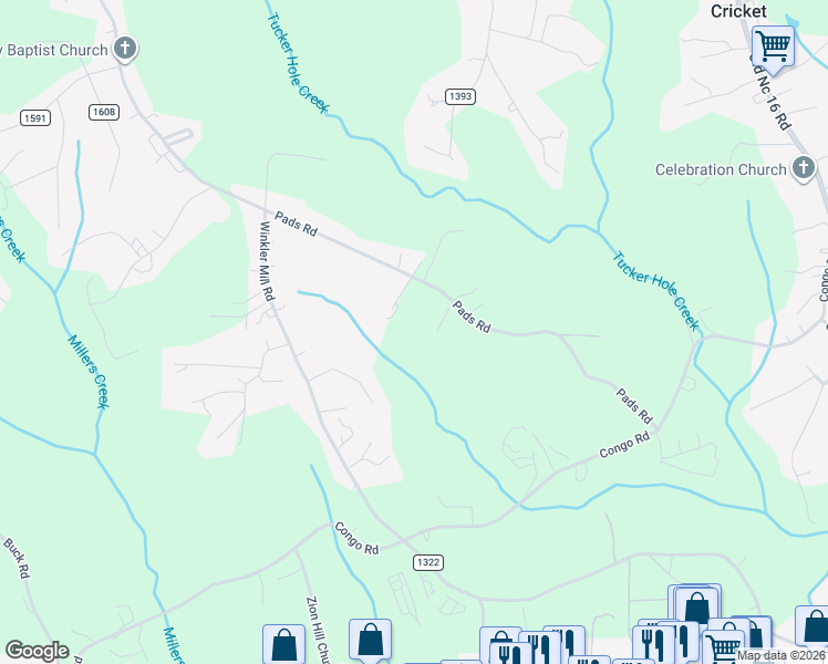 map of restaurants, bars, coffee shops, grocery stores, and more near 935 Pads Road in Wilkesboro
