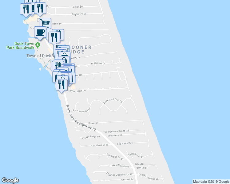 map of restaurants, bars, coffee shops, grocery stores, and more near 145 Scarborough Lane in Kitty Hawk