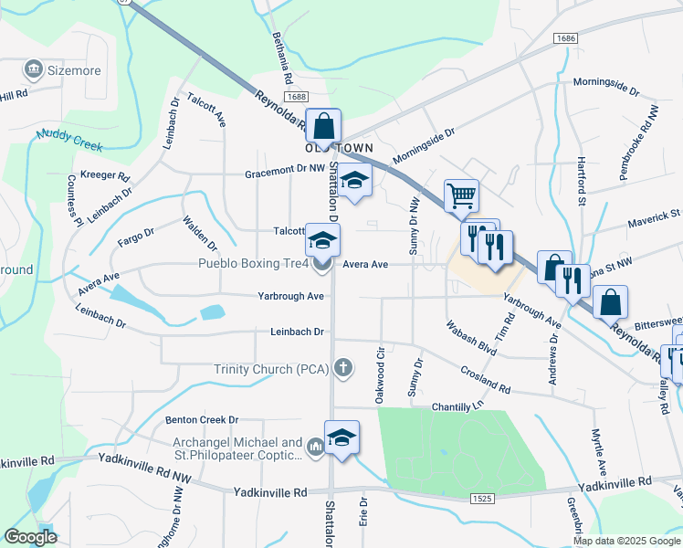 map of restaurants, bars, coffee shops, grocery stores, and more near 4635 Shattalon Drive in Winston-Salem
