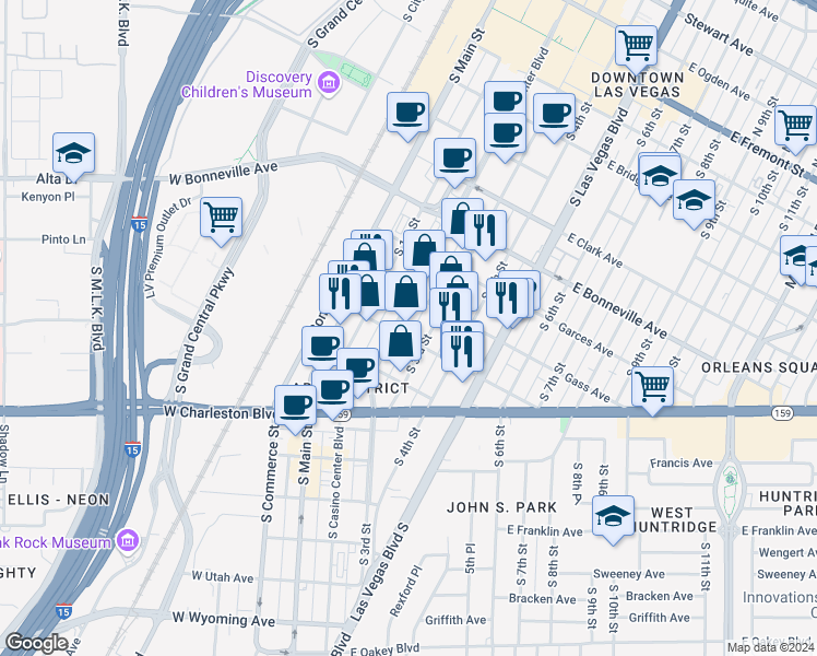 map of restaurants, bars, coffee shops, grocery stores, and more near 200 Hoover Avenue in Las Vegas