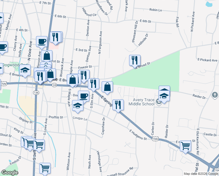 map of restaurants, bars, coffee shops, grocery stores, and more near 114 Allison Way in Algood