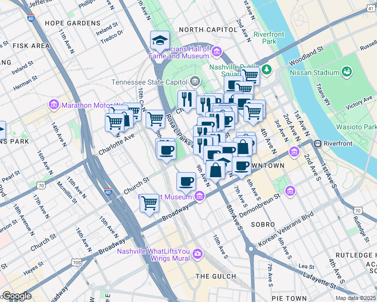 map of restaurants, bars, coffee shops, grocery stores, and more near 227 YMCA Way in Nashville