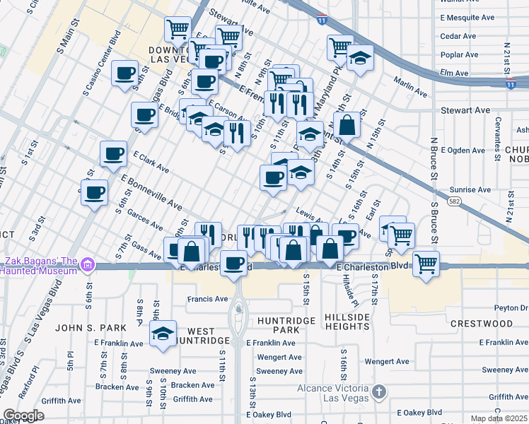 map of restaurants, bars, coffee shops, grocery stores, and more near 405 South Maryland Parkway in Las Vegas