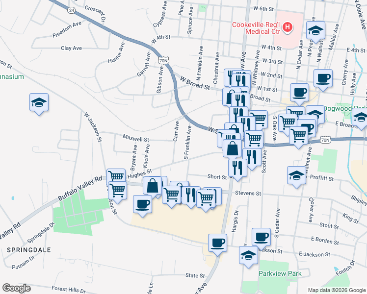 map of restaurants, bars, coffee shops, grocery stores, and more near 211 South Franklin Avenue in Cookeville