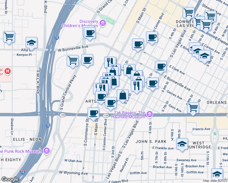 map of restaurants, bars, coffee shops, grocery stores, and more near in Las Vegas