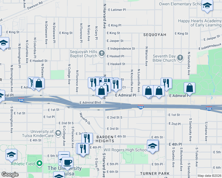 map of restaurants, bars, coffee shops, grocery stores, and more near 3322 East Admiral Court in Tulsa