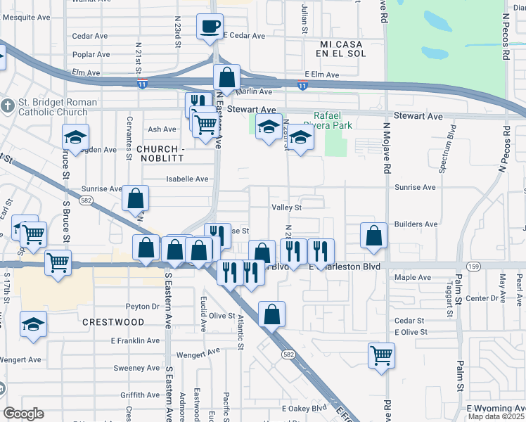 map of restaurants, bars, coffee shops, grocery stores, and more near 2618 Valley Street in Las Vegas