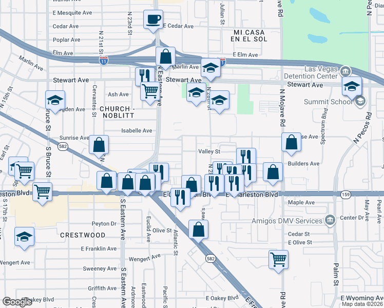 map of restaurants, bars, coffee shops, grocery stores, and more near 2618 Valley Street in Las Vegas