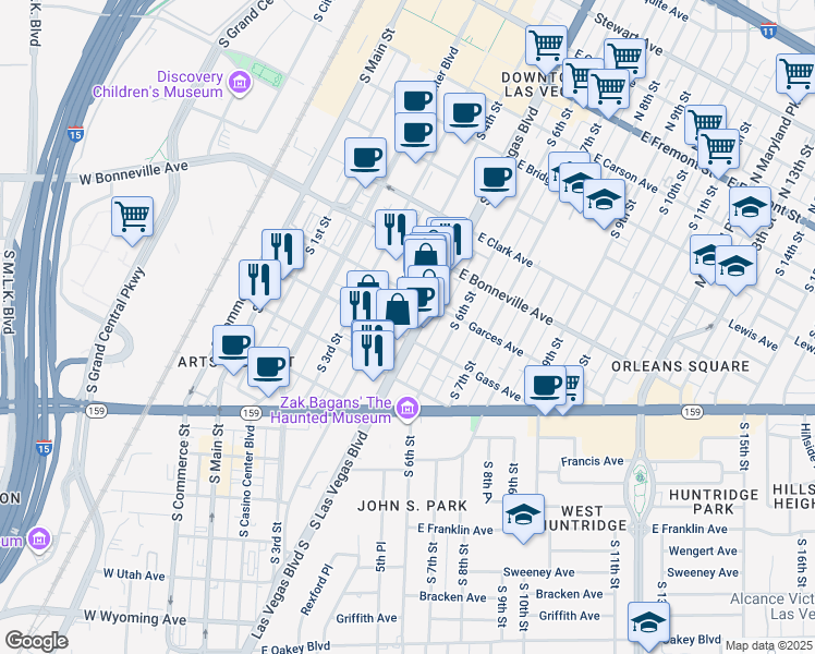 map of restaurants, bars, coffee shops, grocery stores, and more near 708 South Las Vegas Boulevard in Las Vegas
