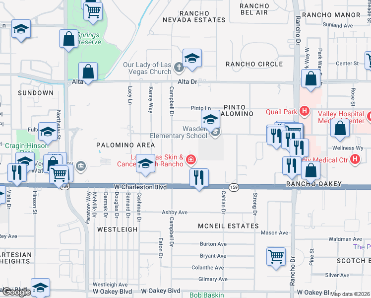 map of restaurants, bars, coffee shops, grocery stores, and more near 3029 Palomino Lane in Las Vegas