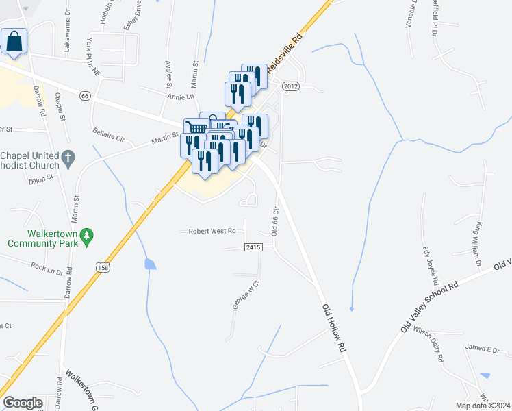 map of restaurants, bars, coffee shops, grocery stores, and more near 3605 Martin Trail Circle in Walkertown